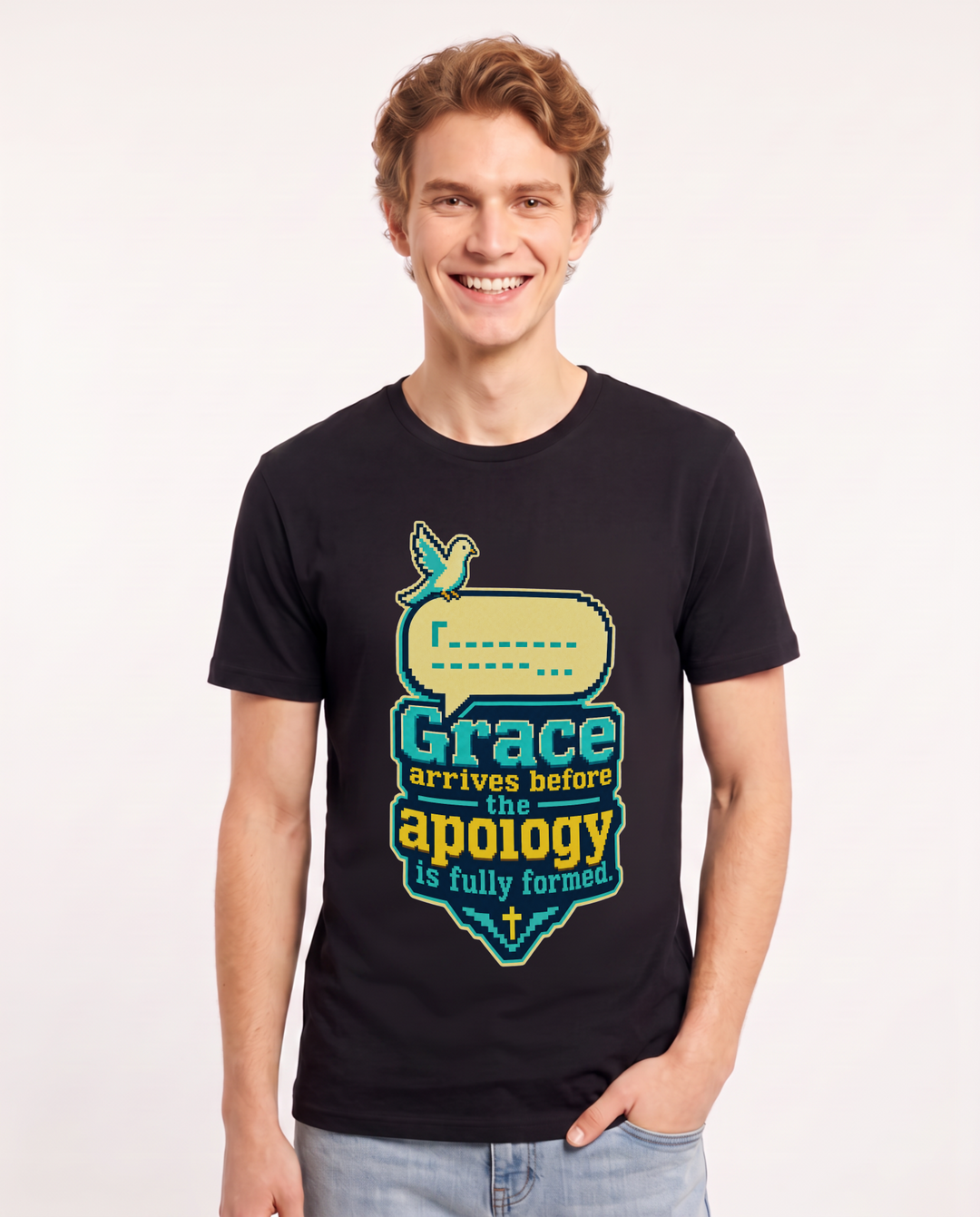 Christian Faith Men's Black T-Shirt – Grace arrives before the apology is fully formed. product image 1