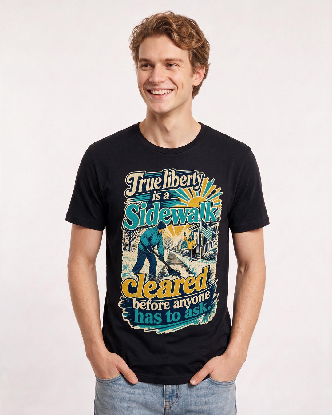Patriotic Men's Black T-Shirt – True liberty is a sidewalk cleared before anyone has to ask. product image 3