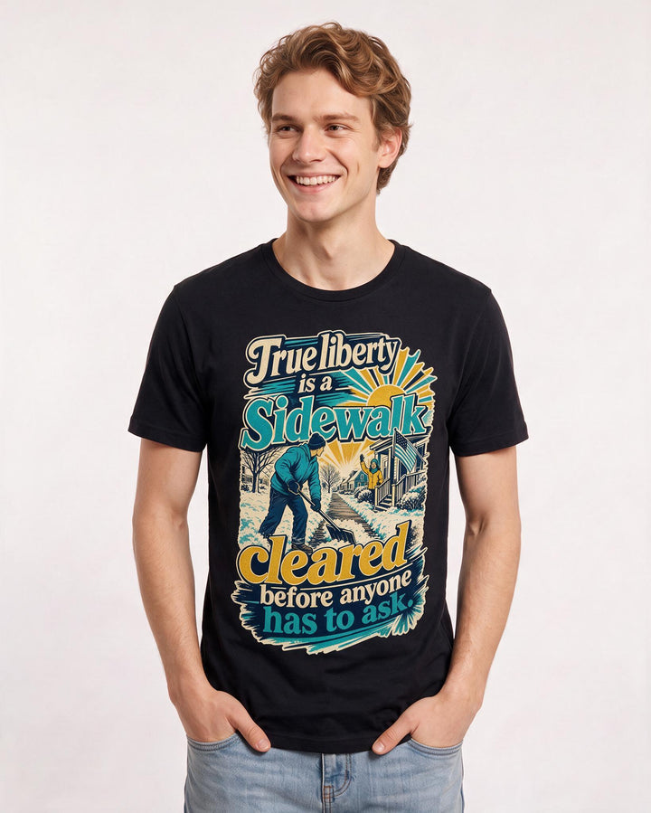Patriotic Men's Black T-Shirt – True liberty is a sidewalk cleared before anyone has to ask. product image 3
