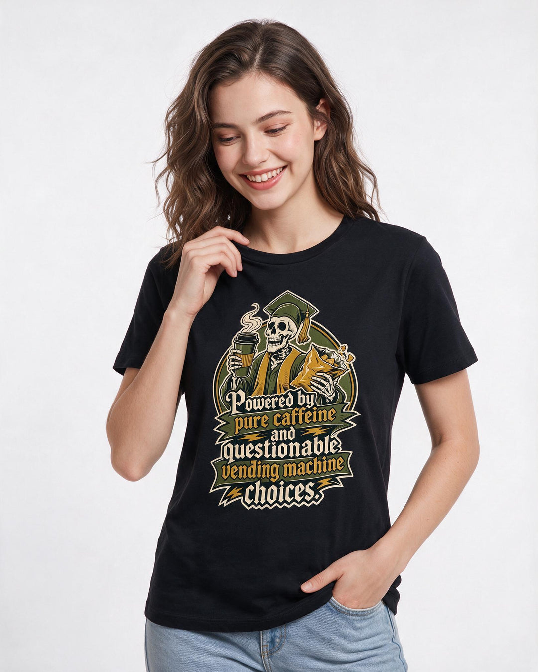 Funny Graduation Women's Black T-Shirt – Powered by pure caffeine and questionable vending machine choices. product image 3