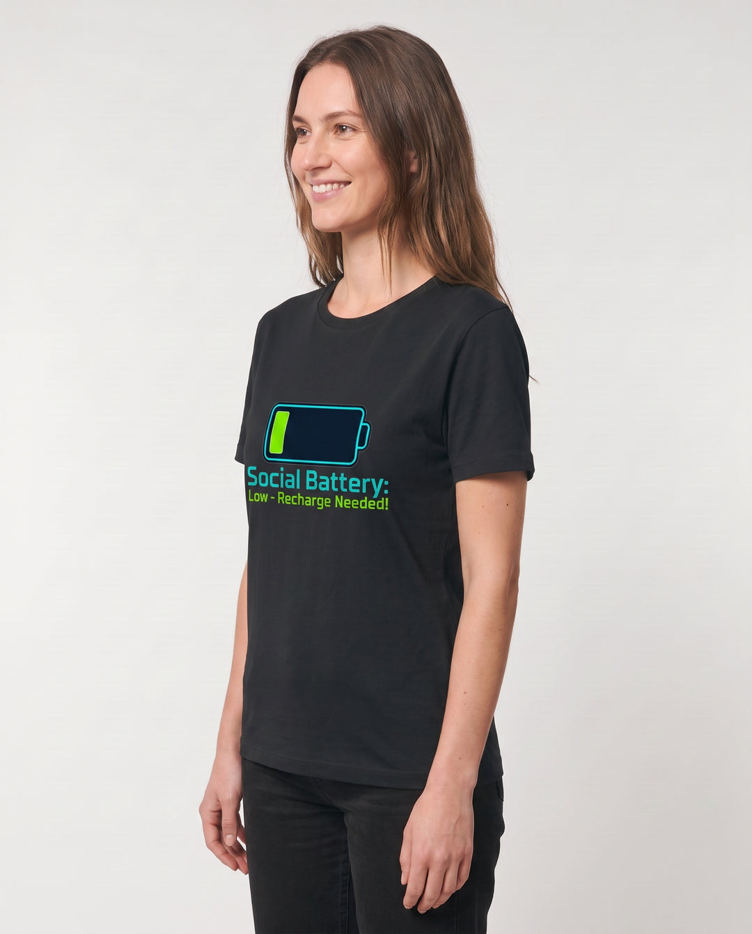 Social Battery: Low Recharge Needed! Black T-Shirt mockup 2