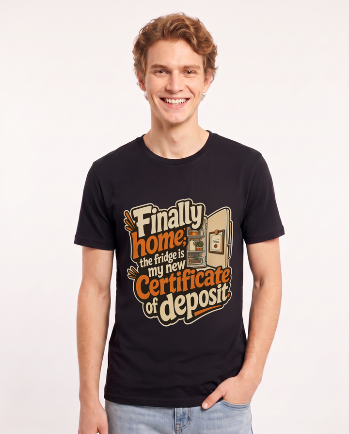 Funny Graduation Men's Black T-Shirt – Finally home; the fridge is my new certificate of deposit. product image 1