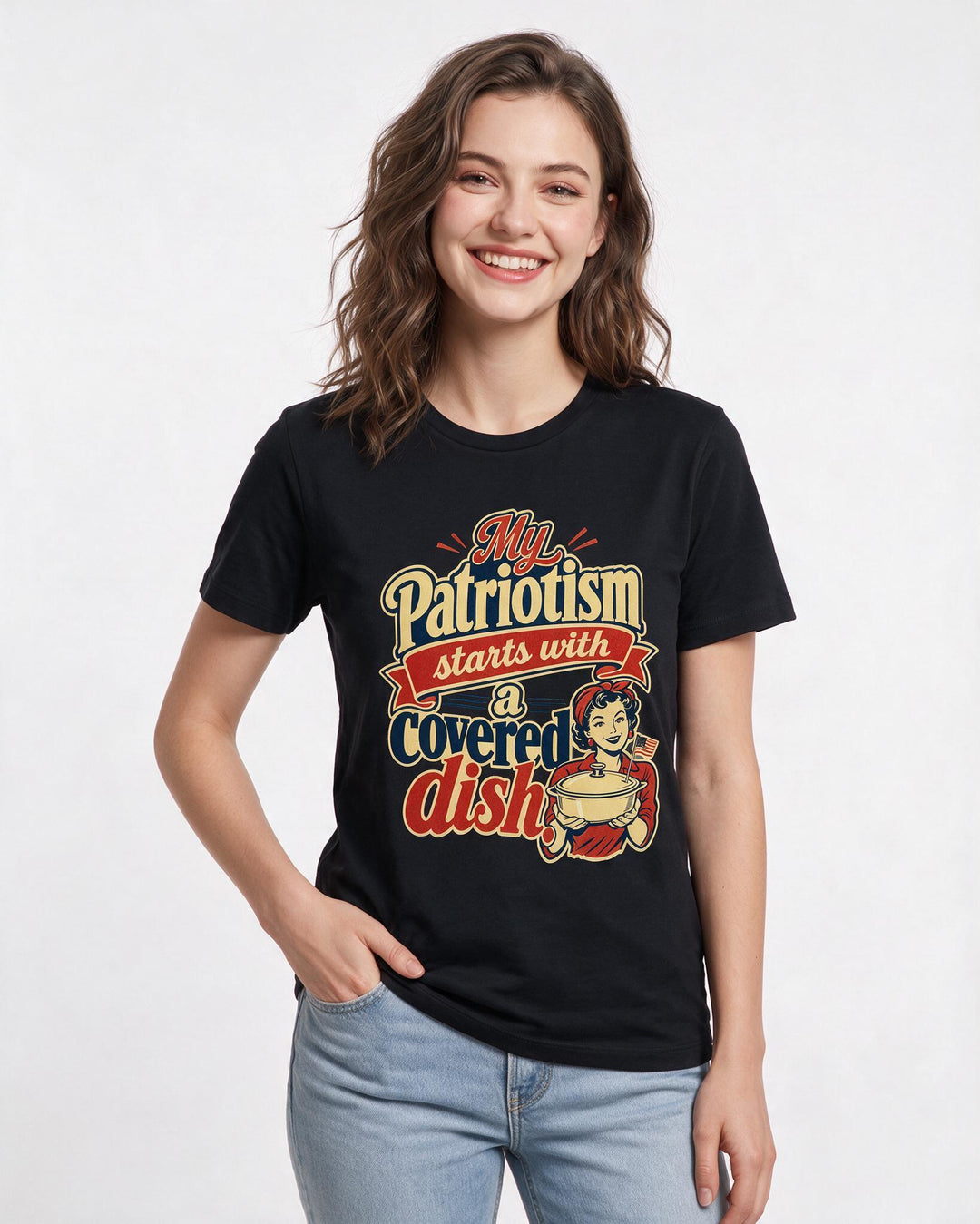 Patriotic Women's Black T-Shirt – My patriotism starts with a covered dish. product image 3