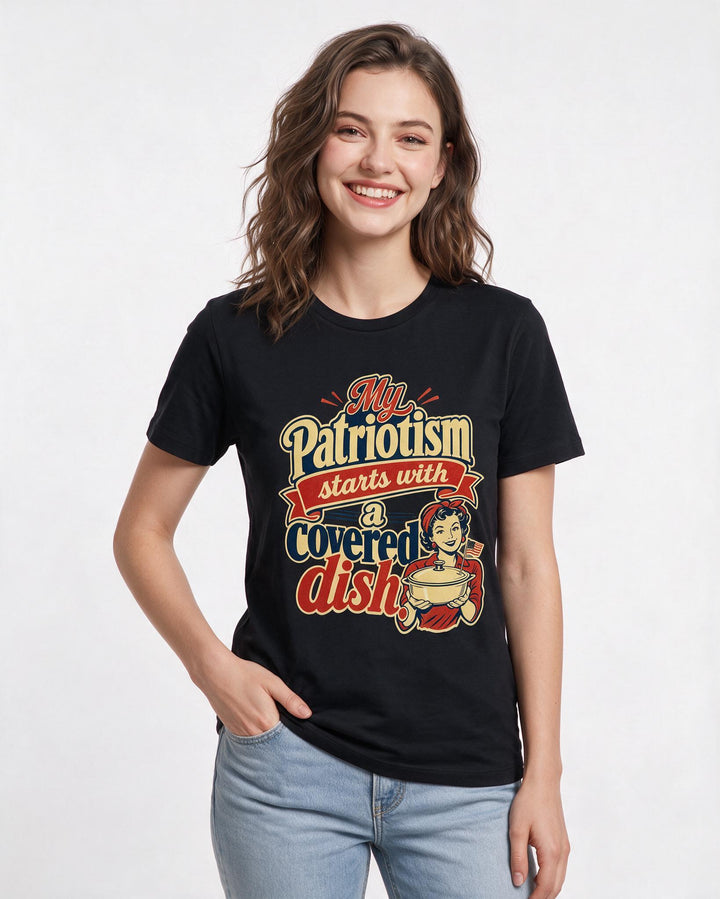 Patriotic Women's Black T-Shirt – My patriotism starts with a covered dish. product image 3