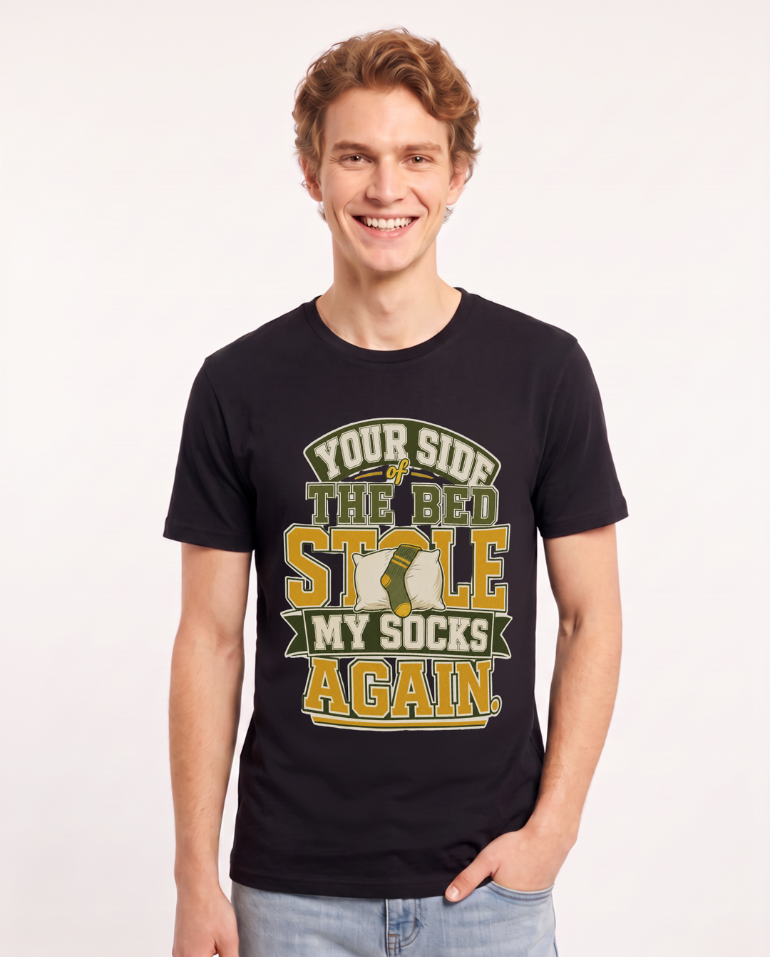Couples Men's Black T-Shirt – Your side of the bed stole my socks product image 1