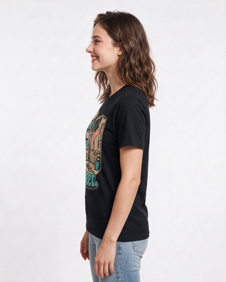 Patriotic Women's Black T-Shirt – "My love for this place starts on my street." product image 2