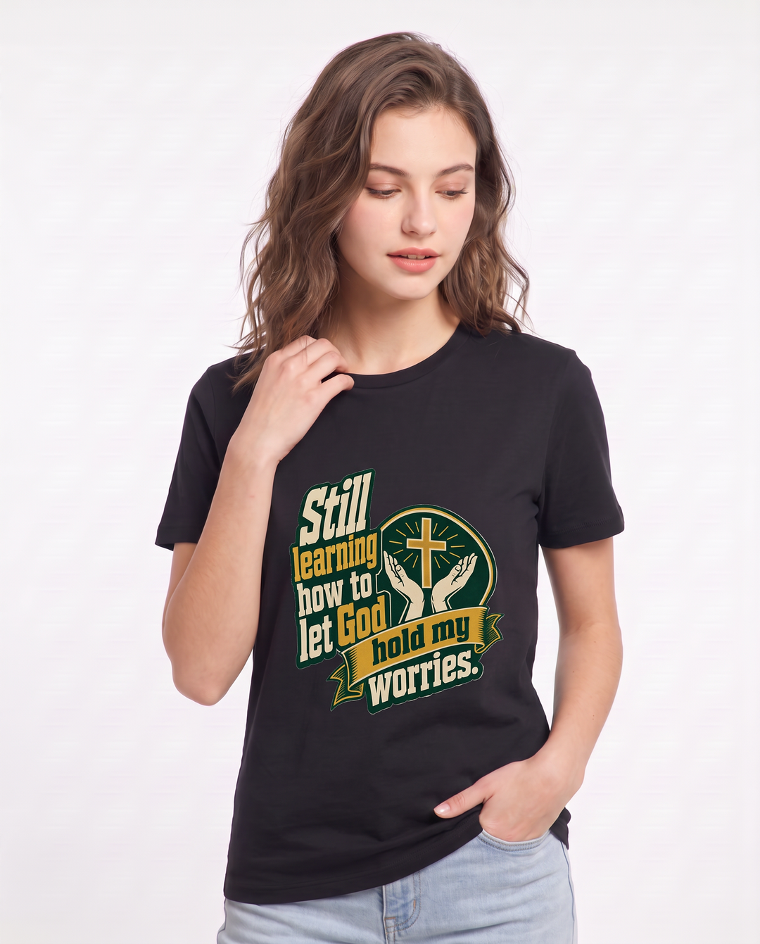 Graphic Women's Black T-Shirt - Still learning how to let God hold my product image 3