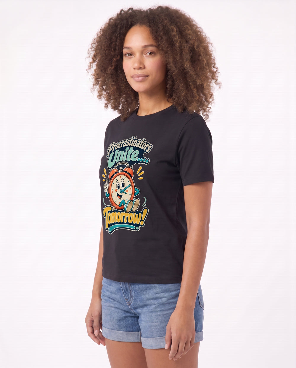 Procrastinators Unite... Tomorrow! Black T-Shirt mockup 2