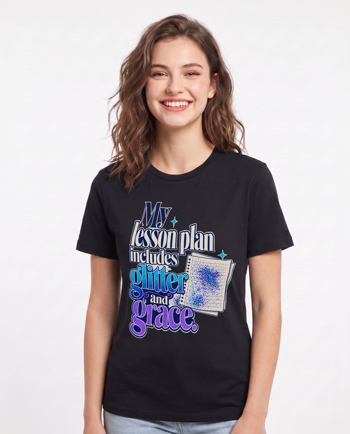 Teacher Women's Black T-Shirt – My lesson plan includes glitter and grace. product image 1