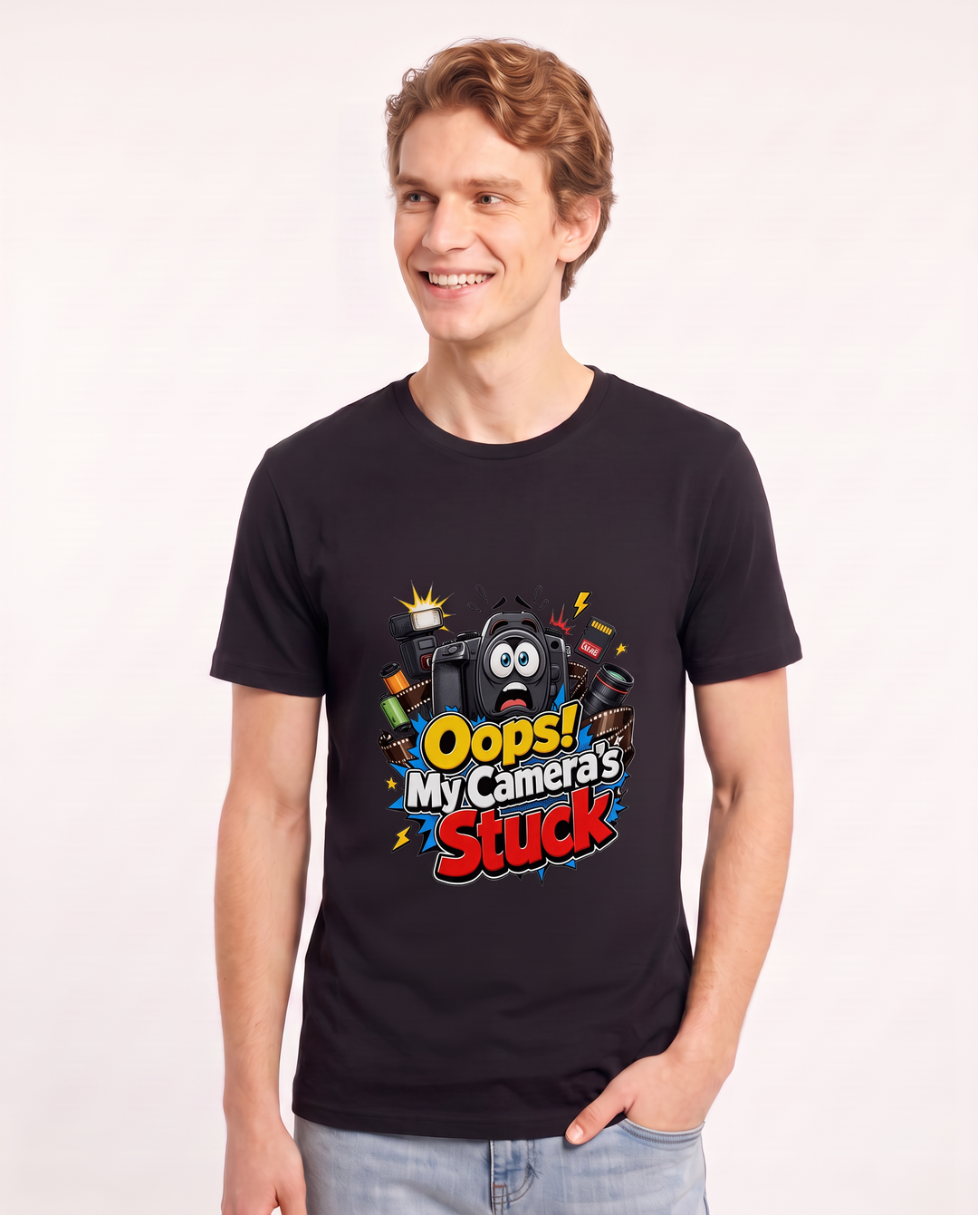 Oops! My Camera's Stuck Men's Black T-Shirt product image 1