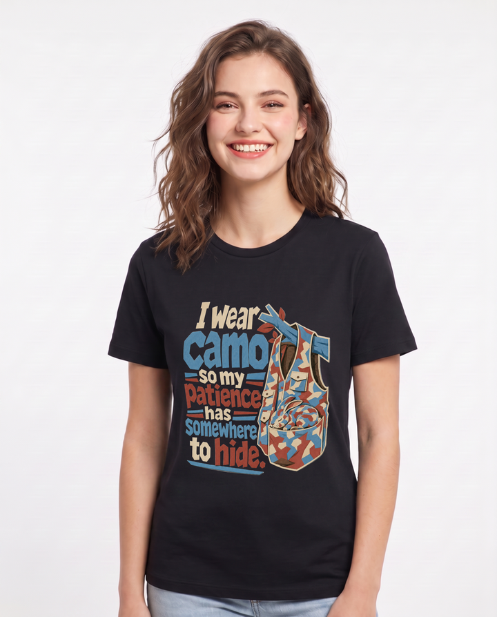 Hunting Women's Black T-Shirt – I wear camo so my patience has somewhere to hide. product image 1