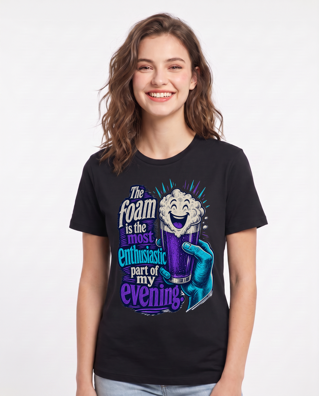 Beer Women's Black T-Shirt – The foam is the most enthusiastic part of my evening. product image 1