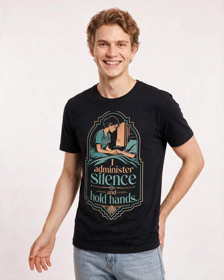 Nurse Men's Black T-Shirt – I administer silence and hold hands. product image 3