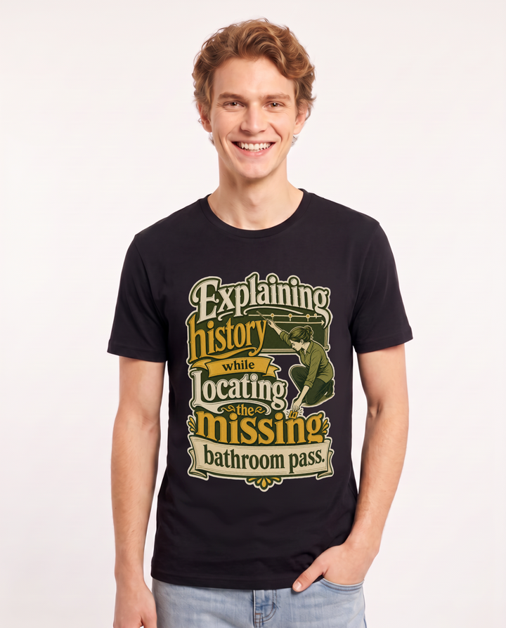Funny Teacher Men's Black T-Shirt – Explaining history while locating the missing bathroom pass product image 1