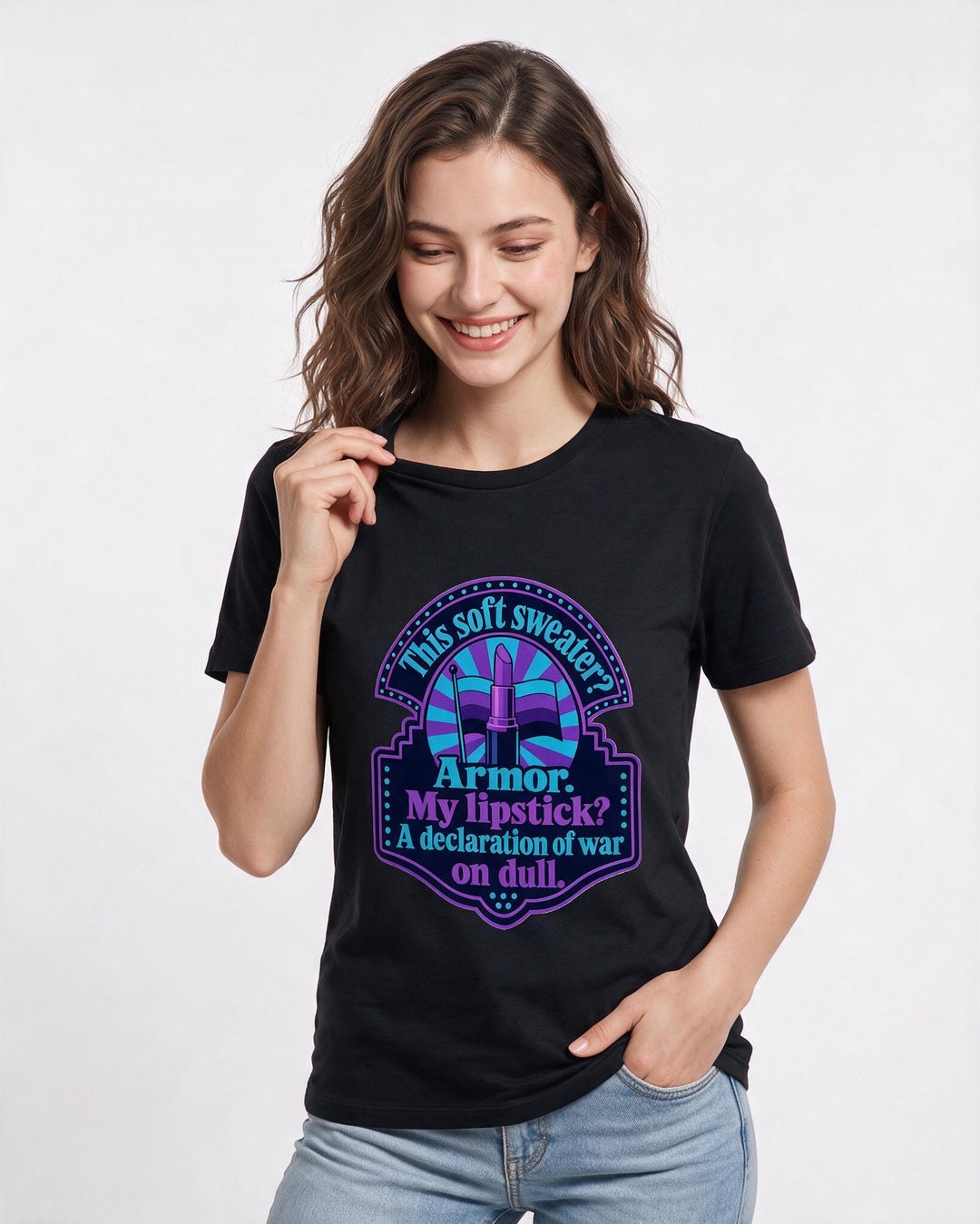 Graphic Women's Black T-Shirt - This soft sweater? Armor. My lipstick? product image 3