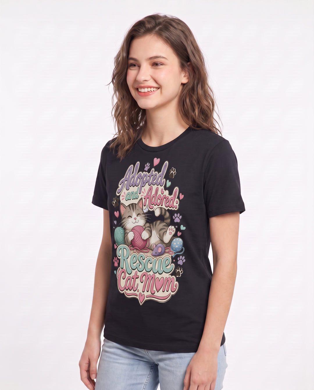 Adopted and Adored: Rescue Cat Mom Women's Black T-Shirt product image 3