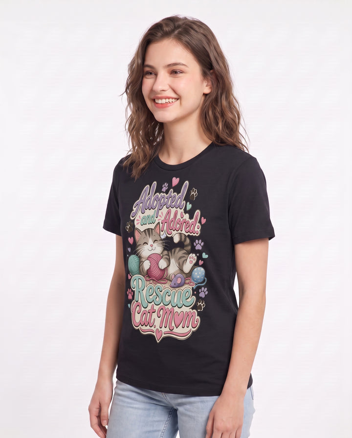 Adopted and Adored: Rescue Cat Mom Women's Black T-Shirt product image 3