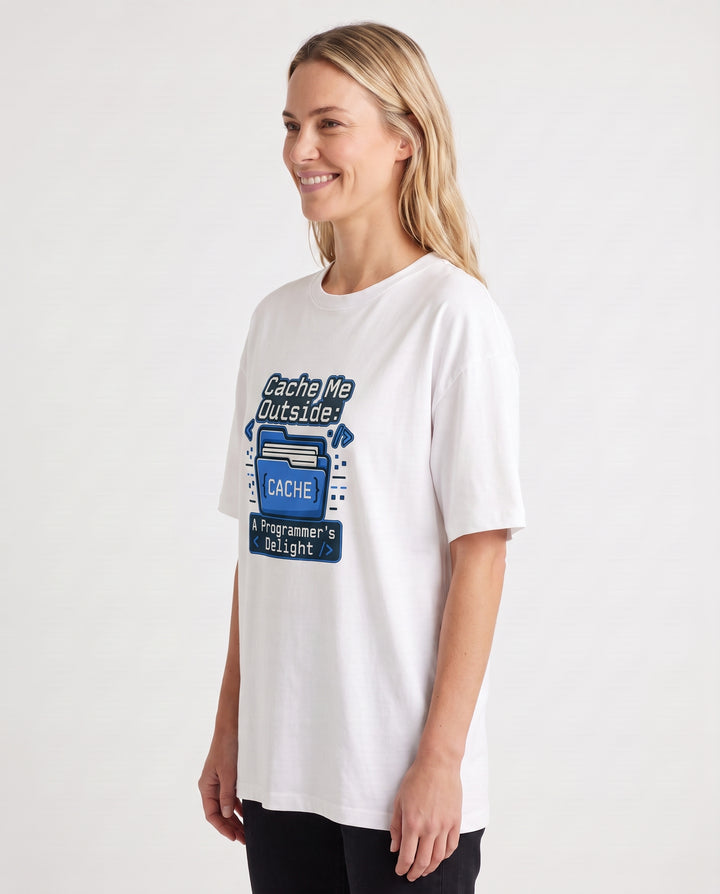 Cache Me Outside: A Programmer's Delight White T-Shirt mockup 2