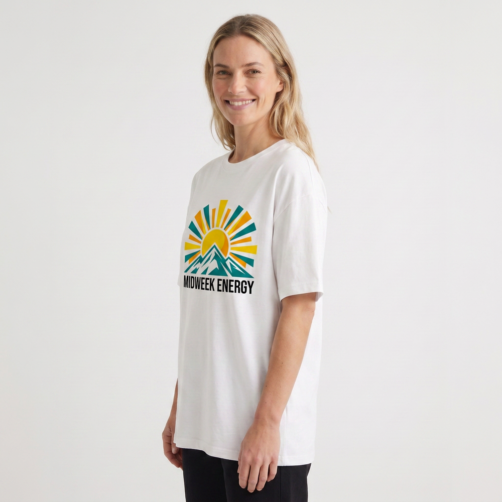 Bold Rising Sun Over Stylized Mountain White T-Shirt mockup 2