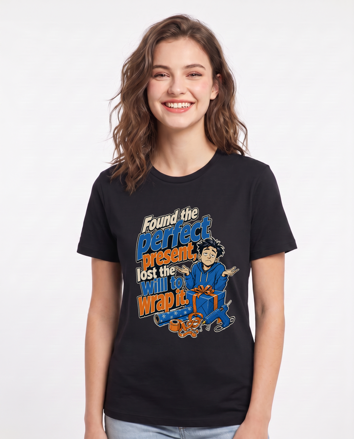 Funny Christmas Women's Black T-Shirt – Found the perfect present, lost the will to wrap it. product image 1