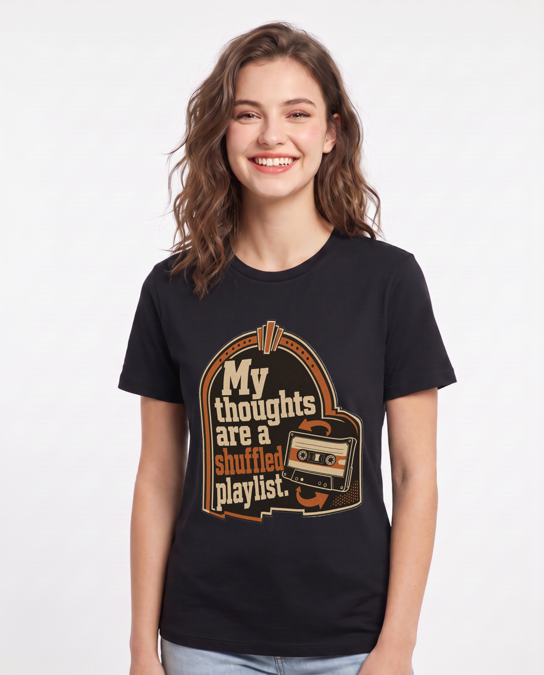 Graphic Women's Black T-Shirt - My thoughts are a shuffled playlist. product image 1