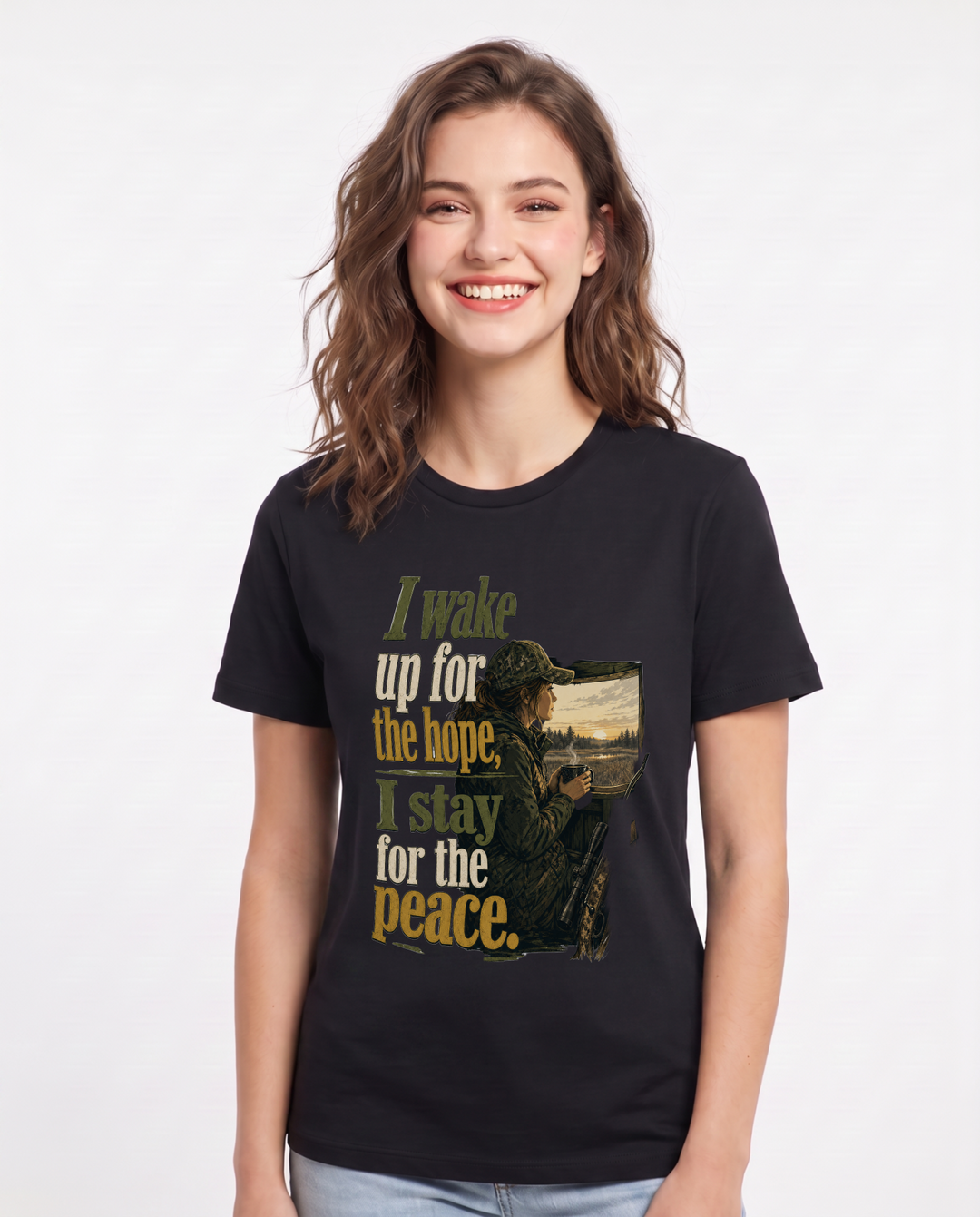Hunting Women's Black T-Shirt – I wake up for the hope, I stay for the peace. product image 1