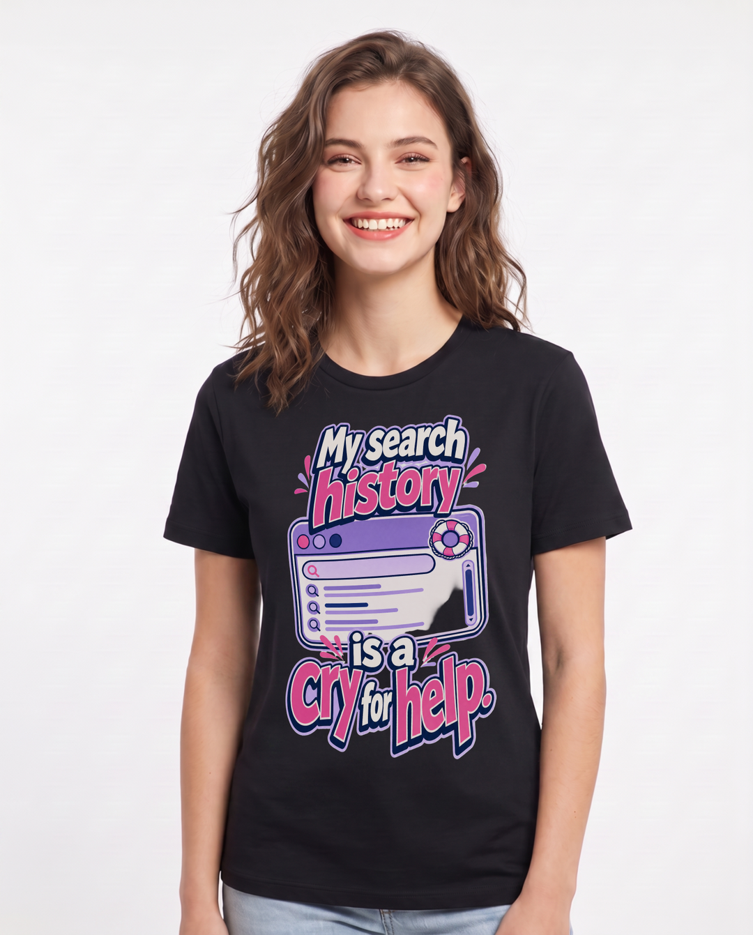 Funny Meme Women's Black T-Shirt – My search history is a cry for help. product image 1