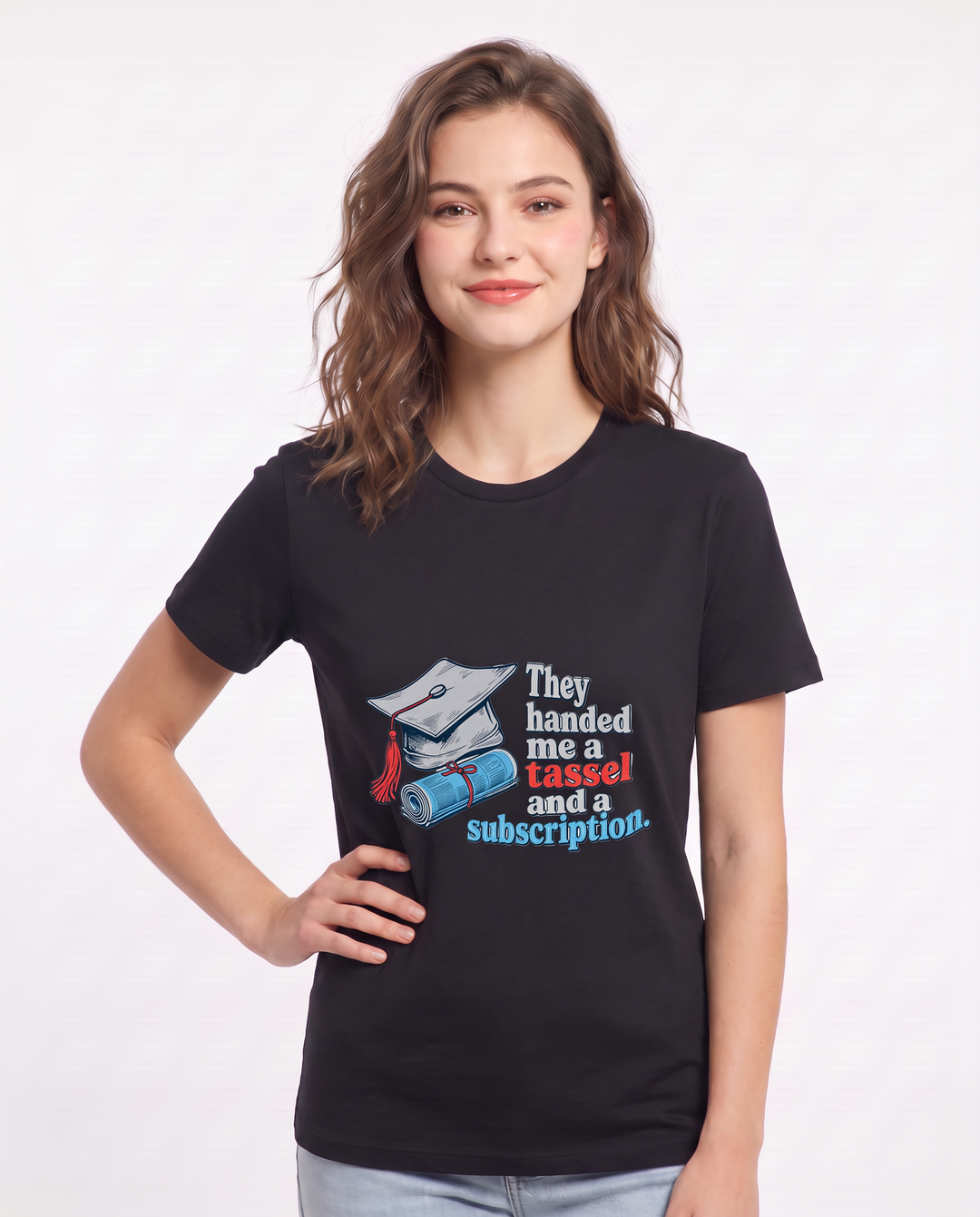 They handed me a tassel and a subscription. Women's Black T-Shirt product image 1