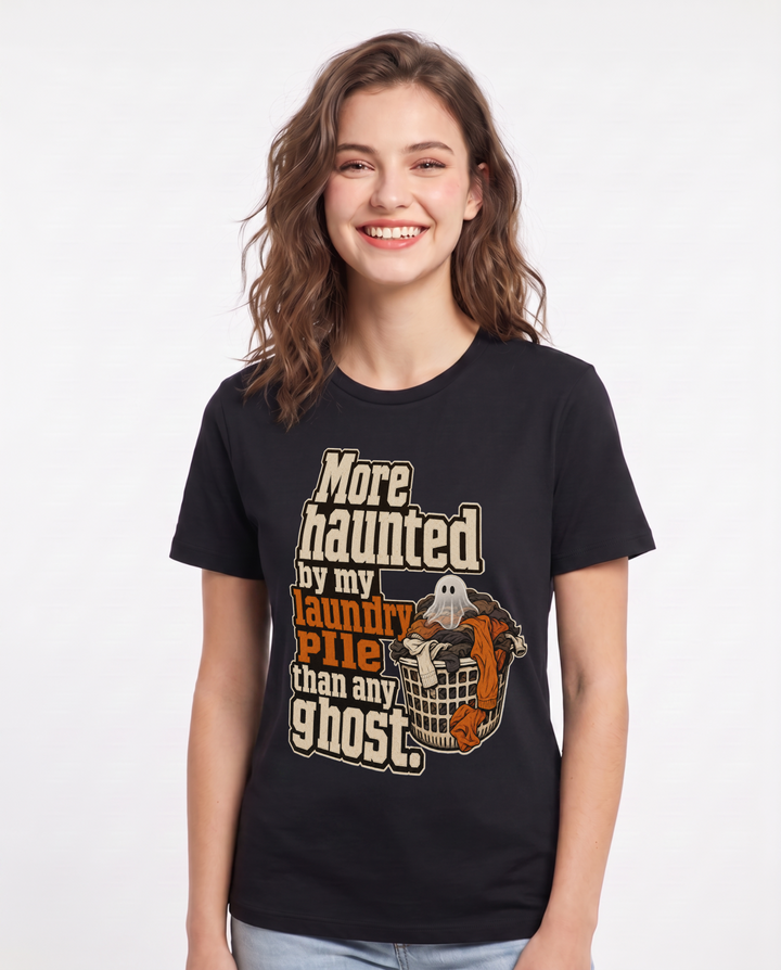 Funny Halloween Women's Black T-Shirt – More haunted by my laundry pile than any ghost. product image 1