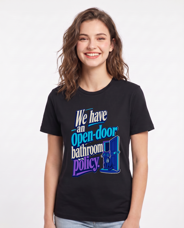 Funny Cat Lover Women's Black T-Shirt – We have an open-door bathroom policy. product image 1