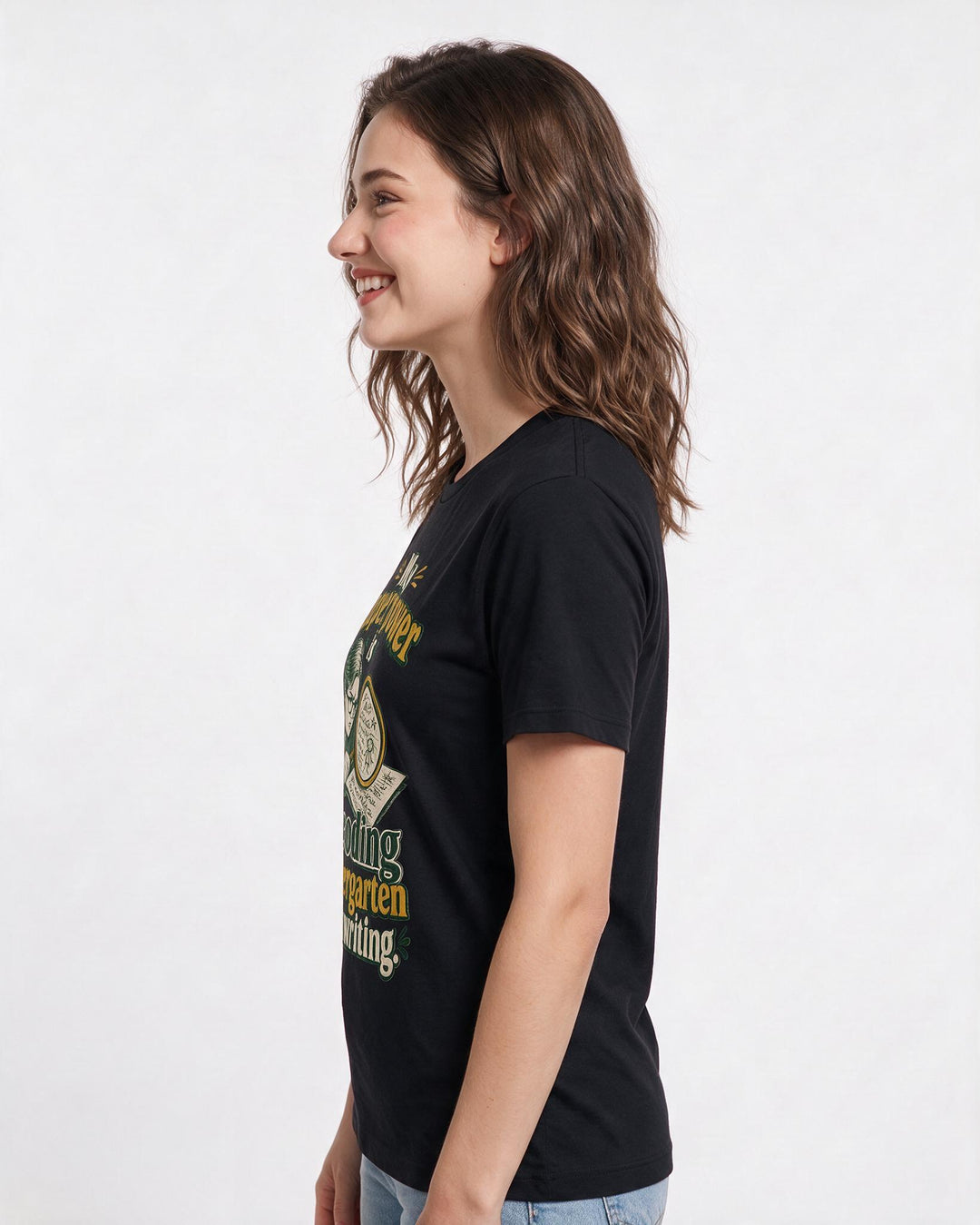 Teacher Women's Black T-Shirt – My superpower is decoding kindergarten handwriting. product image 2