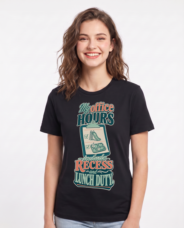 Funny Teacher Women's Black T-Shirt – My office hours include recess and lunch duty. product image 1