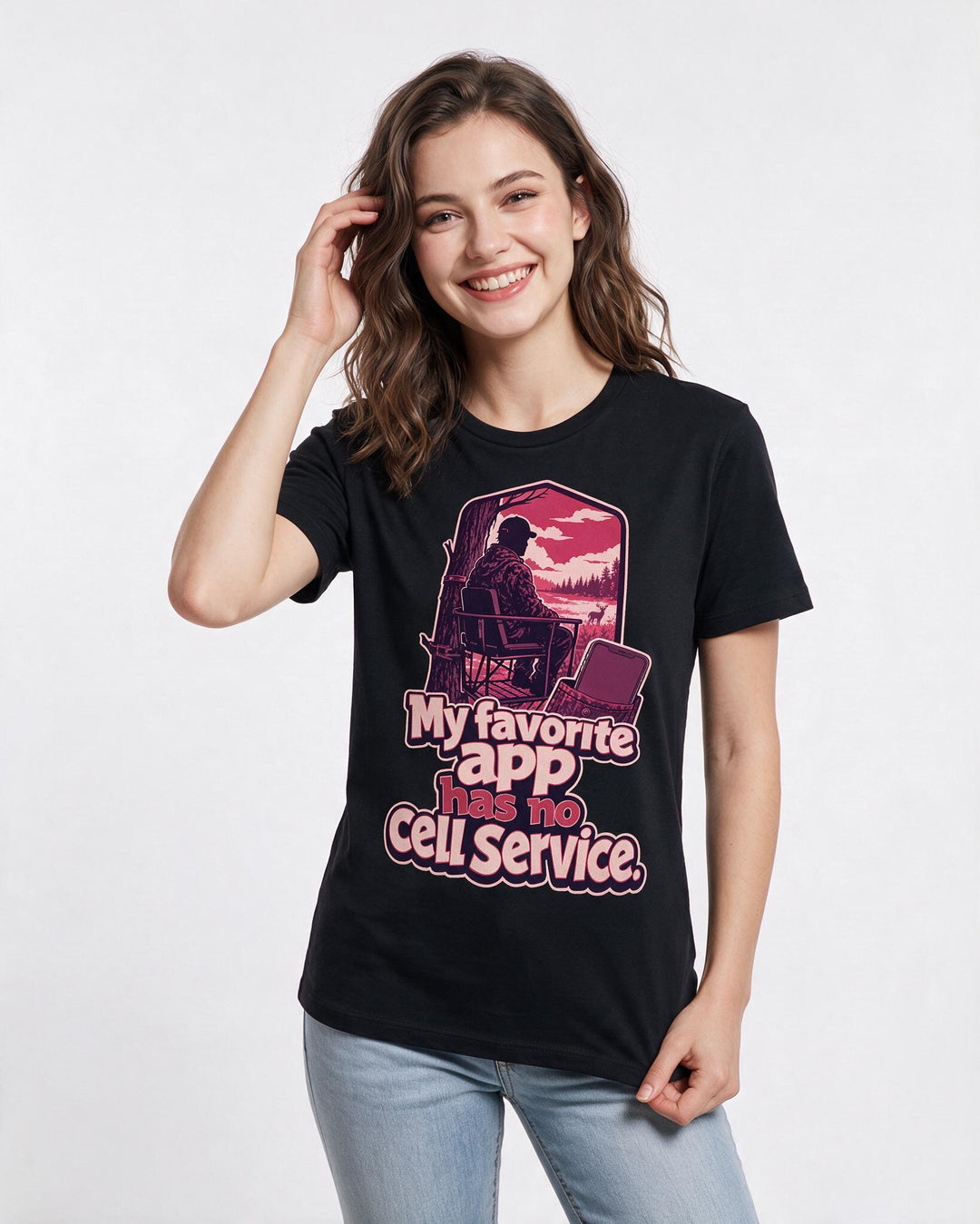 Funny Hunting Women's Black T-Shirt – My favorite app has no cell service. product image 3