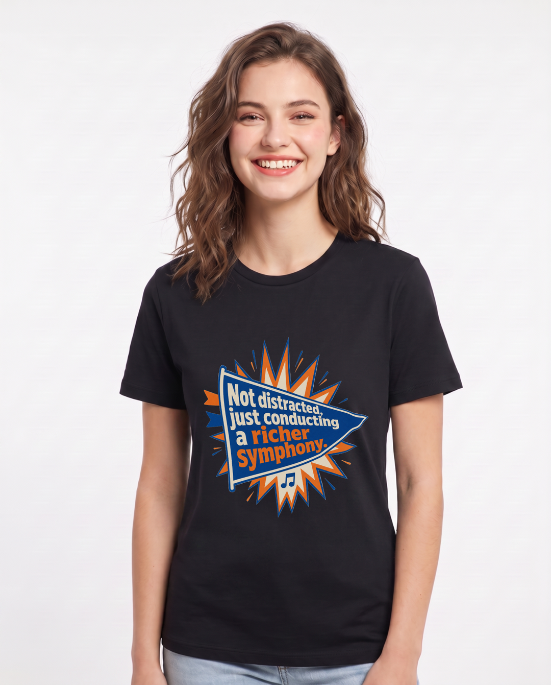 Graphic Women's Black T-Shirt - Not distracted, just conducting a product image 1