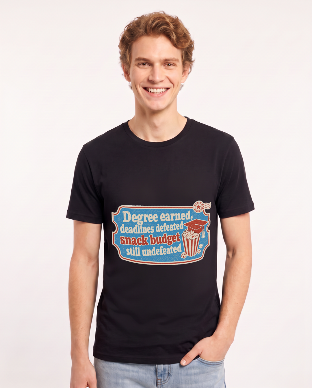 Degree earned, deadlines defeated, snack budget still undefeated - Men's Black T-Shirt product image 2