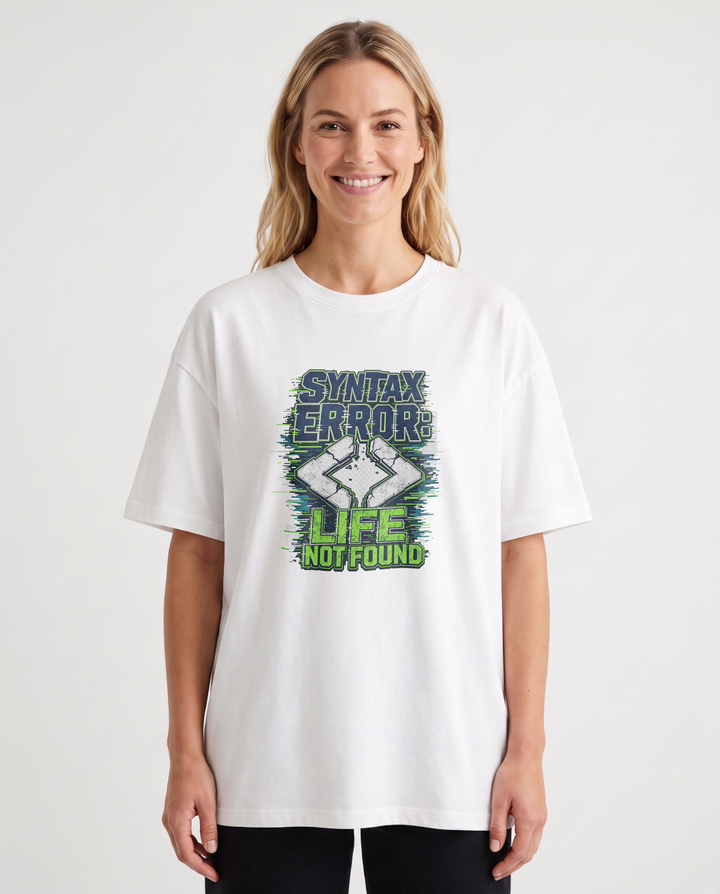 Syntax Error: Life Not Found White T-Shirt mockup 1