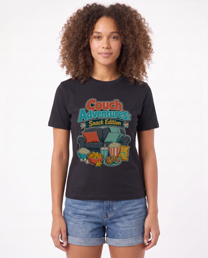 Couch Adventures: Snack Edition Black T-Shirt mockup 1