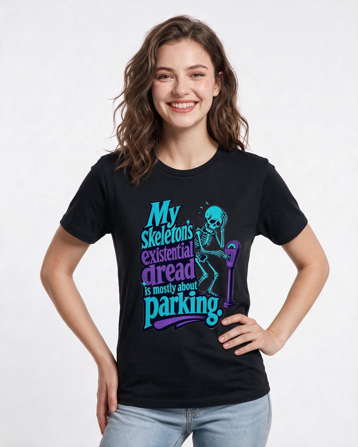 Funny Halloween Women's Black T-Shirt – My skeleton's existential dread is mostly about parking. product image 3