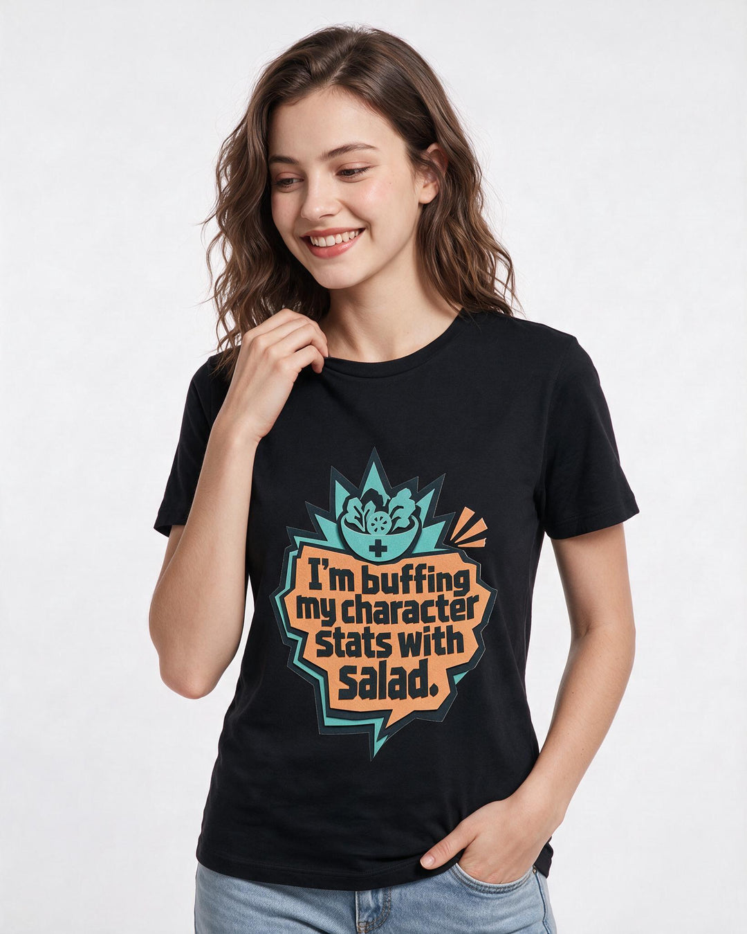 Gaming Women's Black T-Shirt - I'm buffing my character stats with product image 3