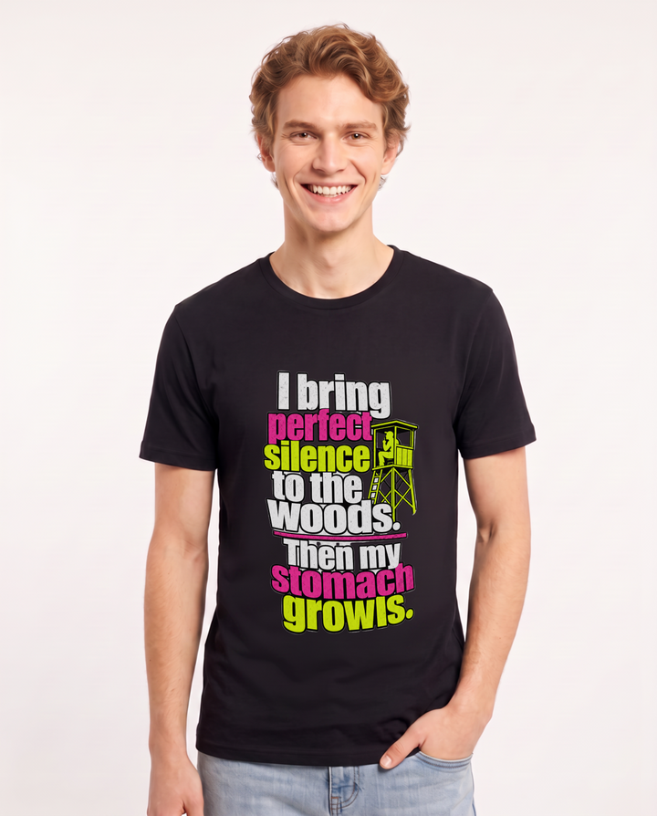 I bring perfect silence to the woods. Then my stomach growls. Men's Black T-Shirt product image 2