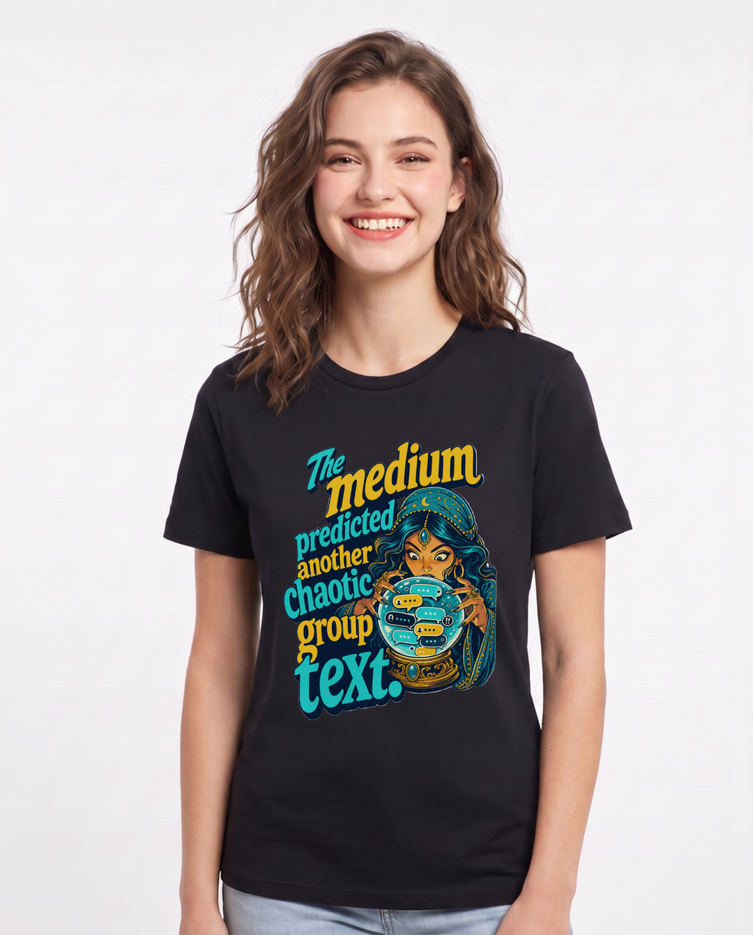 Funny Halloween Women's Black T-Shirt – The medium predicted another chaotic group text. product image 1