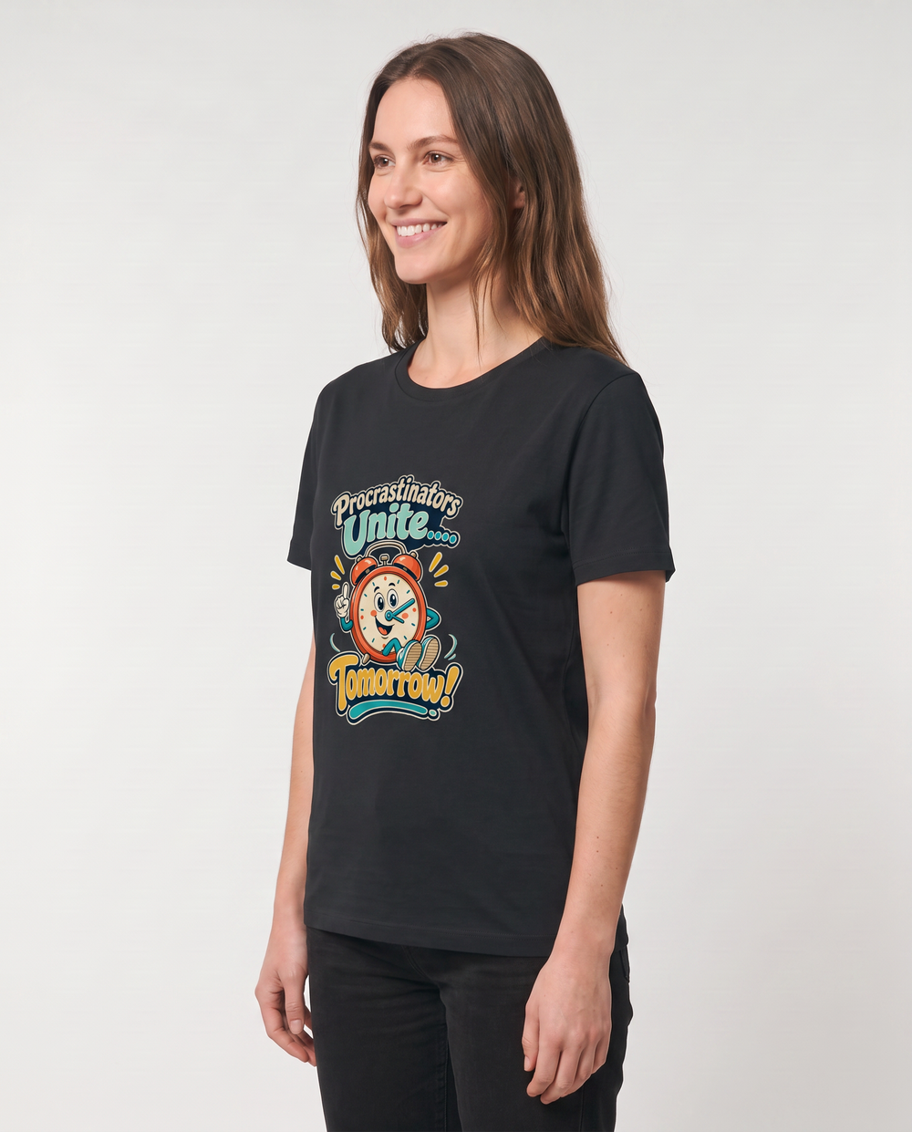 Procrastinators Unite... Tomorrow! Black T-Shirt mockup 2