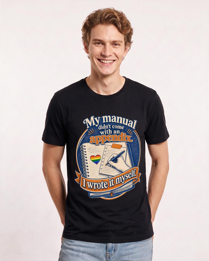 Pride Men's Black T-Shirt – My manual didn't come with an appendix. I wrote it myself. product image 3