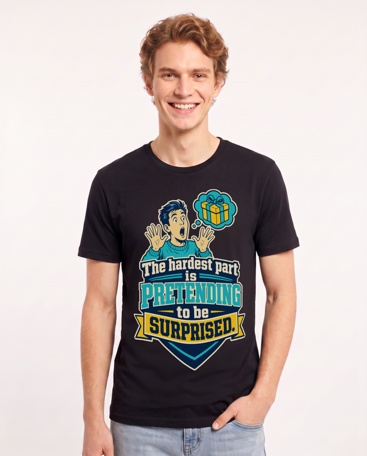 Funny Christmas Men's Black T-Shirt – The hardest part is pretending to be surprised. product image 1