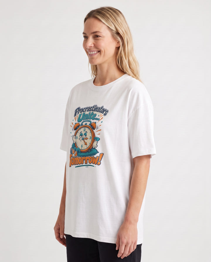 Procrastinators Unite... Tomorrow! White T-Shirt mockup 2