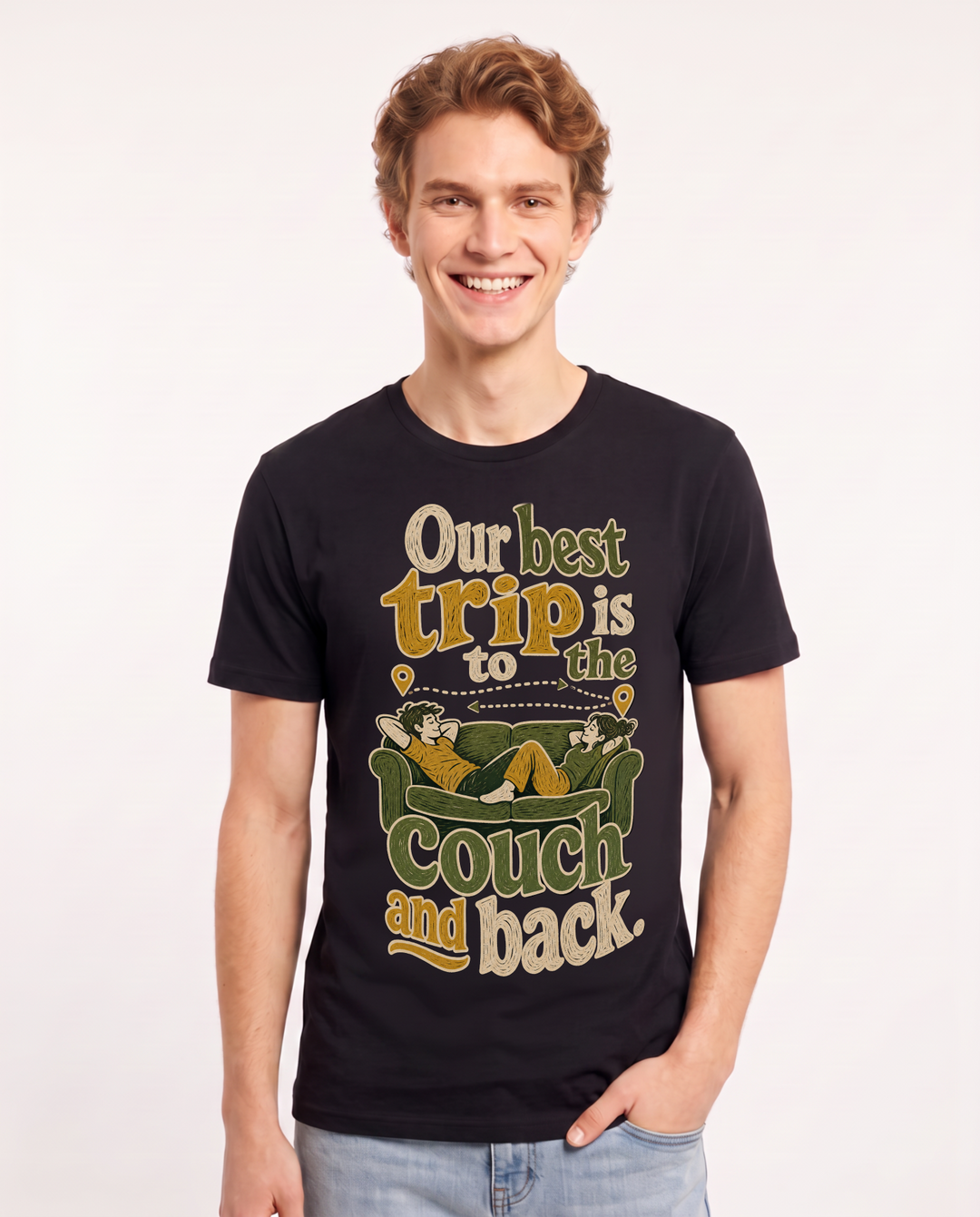 Couples Men's Black T-Shirt – Our best trip is to the couch and back. product image 1