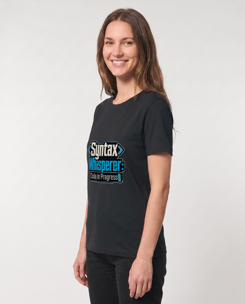 Syntax Whisperer: Code In Progress Black T-Shirt mockup 2