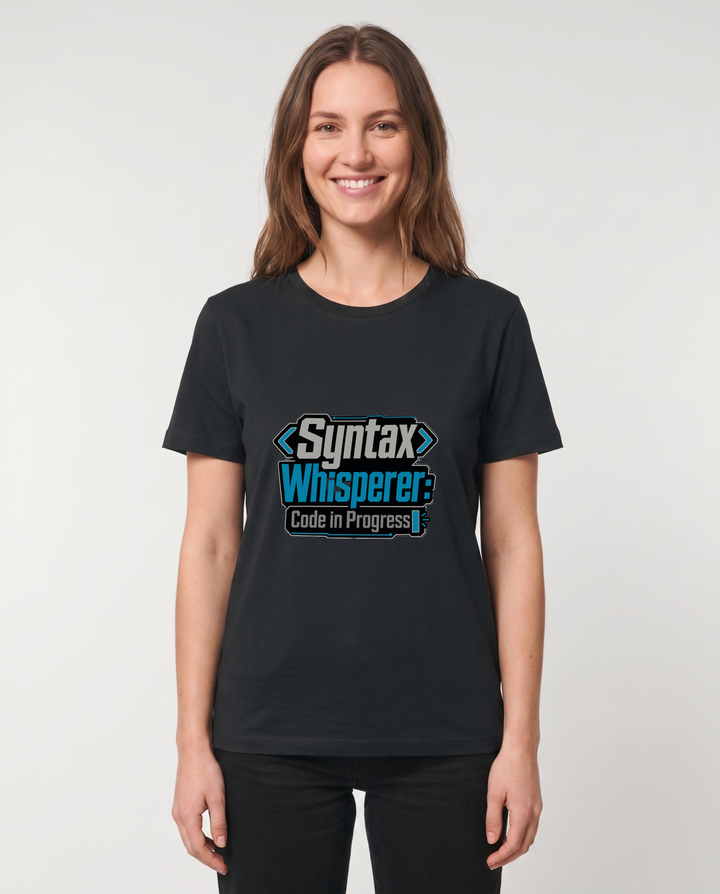 Syntax Whisperer: Code In Progress Black T-Shirt mockup 1