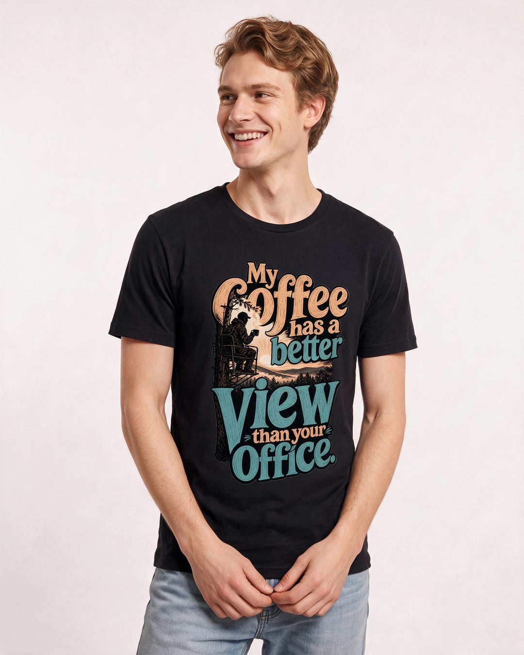 Hunting Men's Black T-Shirt – My coffee has a better view than your office. product image 3