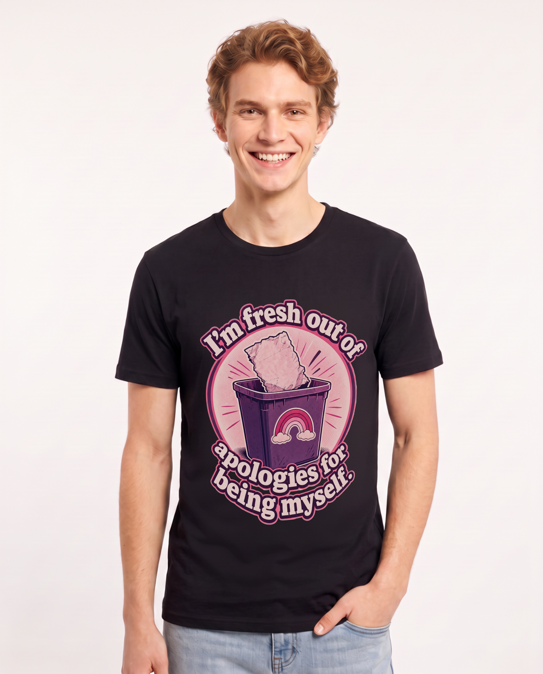 Pride Men's Black T-Shirt – I'm fresh out of apologies for being myself. product image 1